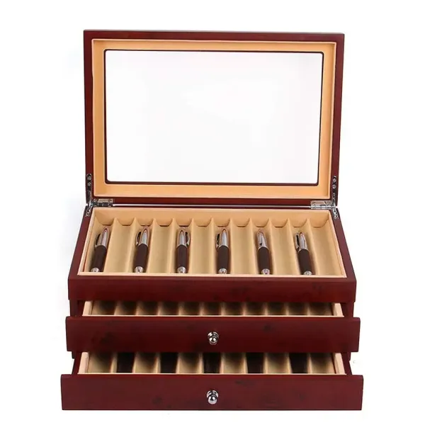 Boîte à crayons en bois pour 34 stylos, stylos, stylos à bille, présentoir avec tiroirs - Boîte de rangement à trois niveaux - Rouge