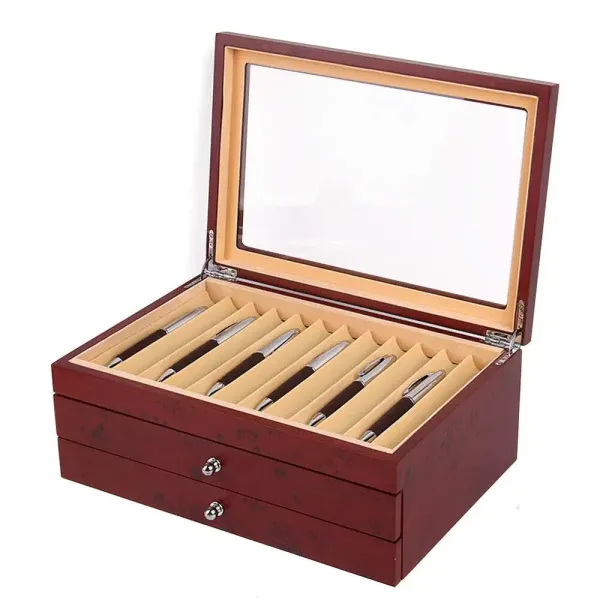 Boîte à crayons en bois pour 34 stylos, stylos, stylos à bille, présentoir avec tiroirs - Boîte de rangement à trois niveaux - Rouge