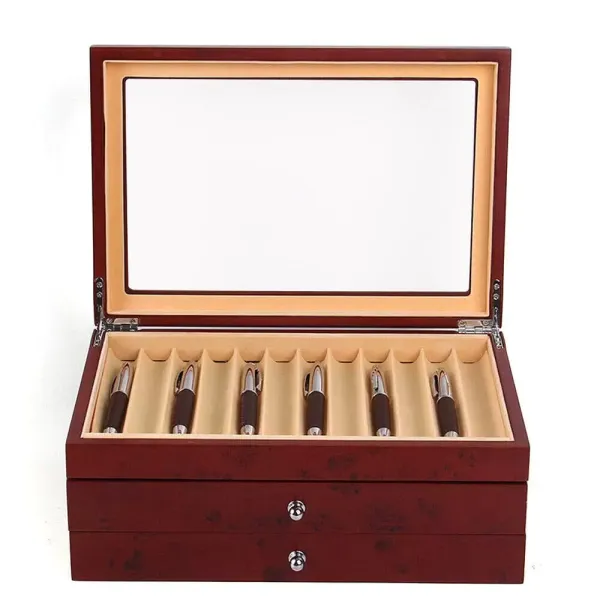 Boîte à crayons en bois pour 34 stylos, stylos, stylos à bille, présentoir avec tiroirs - Boîte de rangement à trois niveaux - Rouge