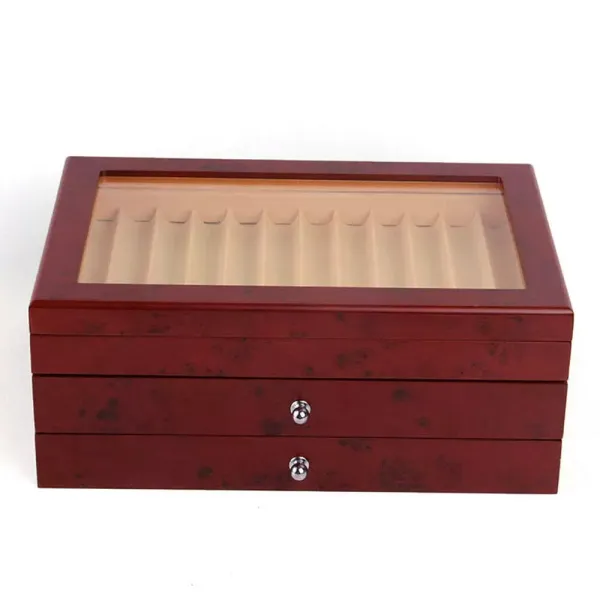 Boîte à crayons en bois pour 34 stylos, stylos, stylos à bille, présentoir avec tiroirs - Boîte de rangement à trois niveaux - Rouge