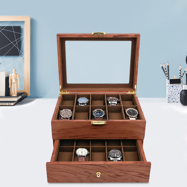 CNCEST Boîte de rangement pour montres - 20 emplacements - Avec couvercle transparent - En bois - Pour homme et femme