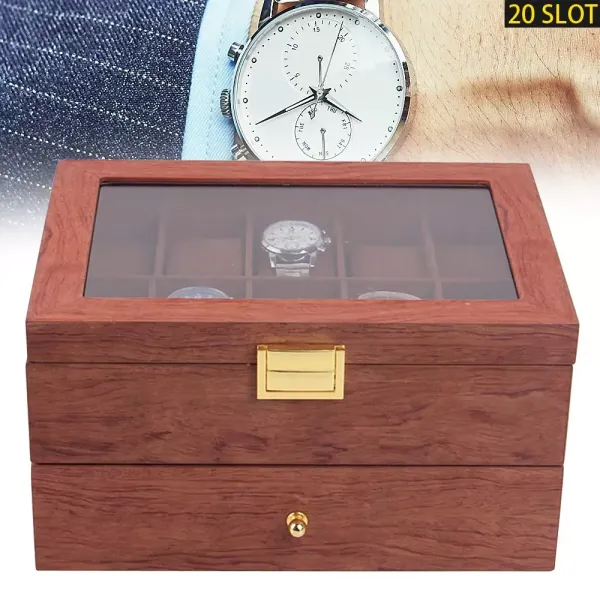 CNCEST Boîte de rangement pour montres - 20 emplacements - Avec couvercle transparent - En bois - Pour homme et femme