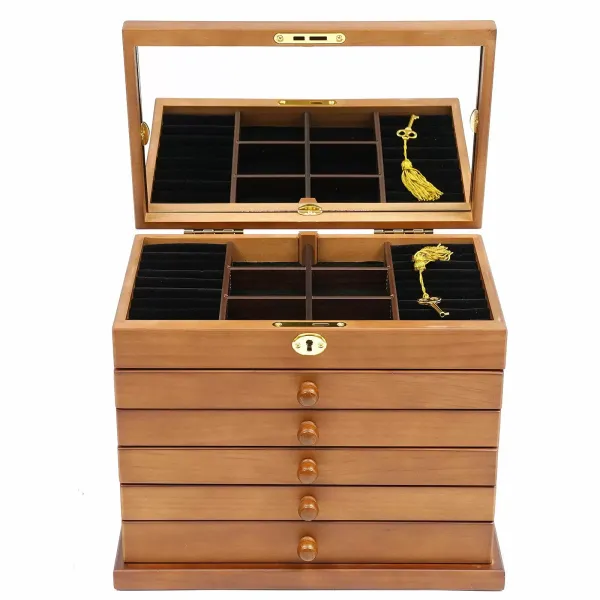 Grande boîte à bijoux en bois à 6 étages avec 5 tiroirs, 2 armoires rabattables et miroir - 29,5 x 18,5 x 25 cm - Marron