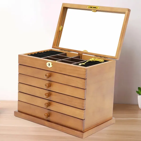 Grande boîte à bijoux en bois à 6 étages avec 5 tiroirs, 2 armoires rabattables et miroir - 29,5 x 18,5 x 25 cm - Marron