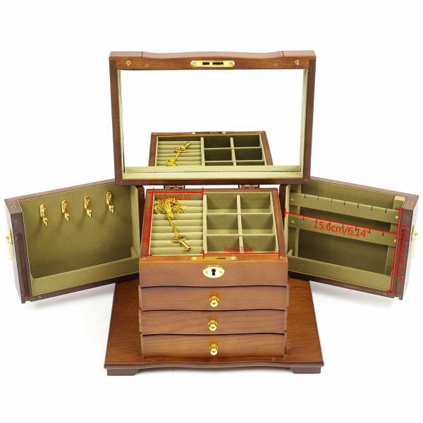Boîte de rangement en bois à 4 couches pour bijoux, bagues, colliers et montres