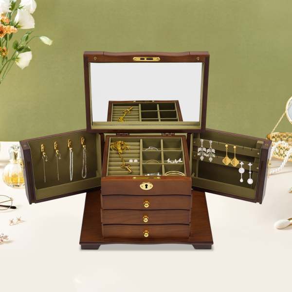 Boîte de rangement en bois à 4 couches pour bijoux, bagues, colliers et montres