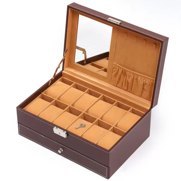Boîte à bijoux en bois à 2 étages verrouillable avec miroir, boîte de voyage amovible, doublure en velours, pour bagues, bracelets, boucles d'oreilles