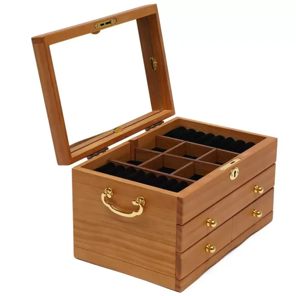 Boîte à bijoux en bois à 3 étages avec miroir Serrure et 3 tiroirs Marron 29 x 19 x 17 cm