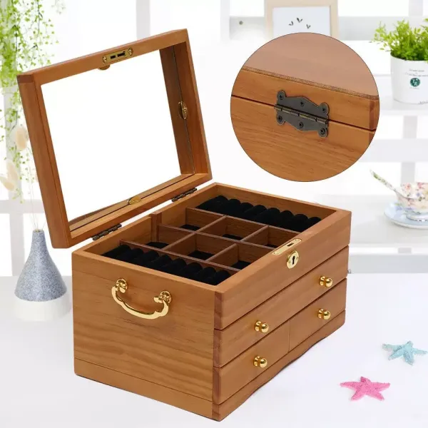 Boîte à bijoux en bois à 3 étages avec miroir Serrure et 3 tiroirs Marron 29 x 19 x 17 cm