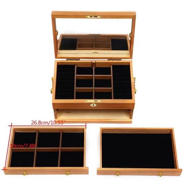 Boîte à bijoux en bois à 3 étages avec miroir Serrure et 3 tiroirs Marron 29 x 19 x 17 cm