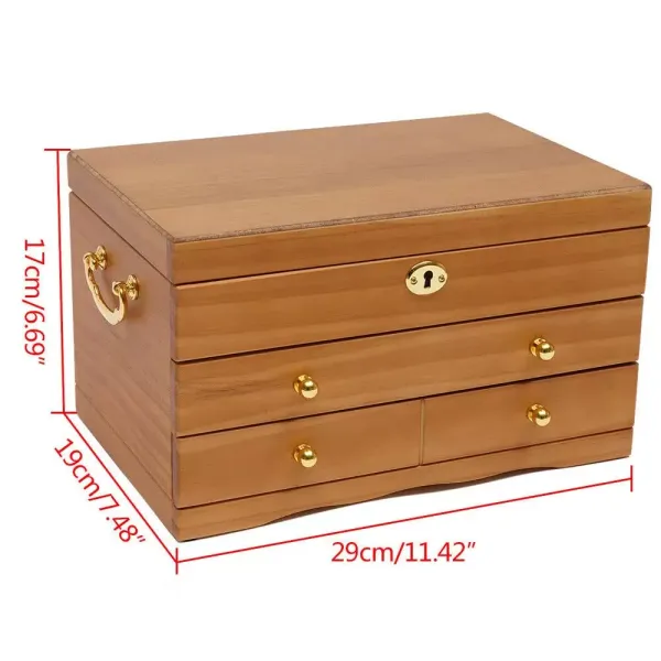 Boîte à bijoux en bois à 3 étages avec miroir Serrure et 3 tiroirs Marron 29 x 19 x 17 cm