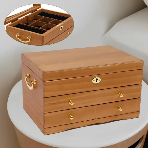 Boîte à bijoux en bois à 3 étages avec miroir Serrure et 3 tiroirs Marron 29 x 19 x 17 cm Boîte à bijoux en bois à 3 étages avec miroir Serrure et 3 tiroirs Marron 29 x 19 x 17 cm