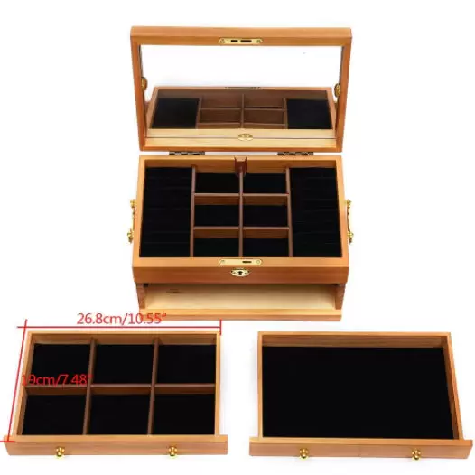 Fetcoi Boîte à bijoux en bois à 3 étages avec miroir Serrure et 3 tiroirs Marron 29 x 19 x 17 cm