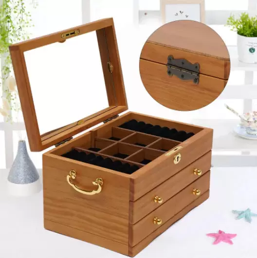 Fetcoi Boîte à bijoux en bois à 3 étages avec miroir Serrure et 3 tiroirs Marron 29 x 19 x 17 cm