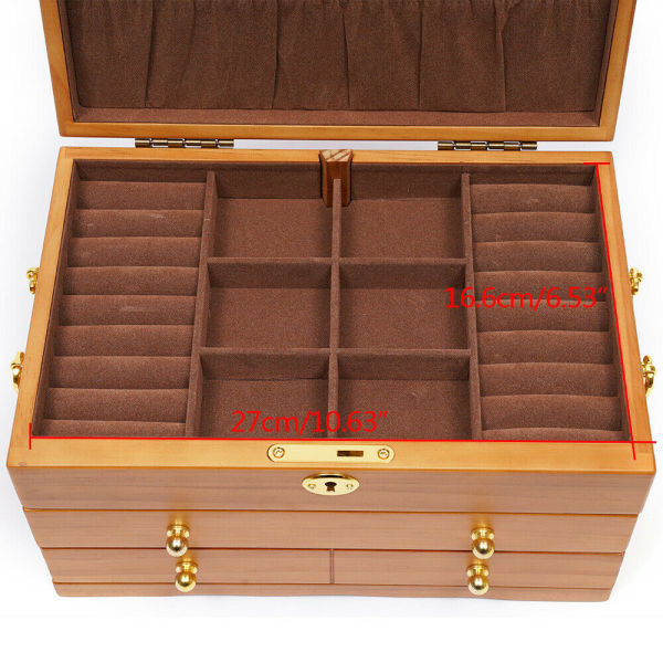 Grande boîte à bijoux en bois à 3 couches pour femme (collier, bague, boucles d'oreilles)