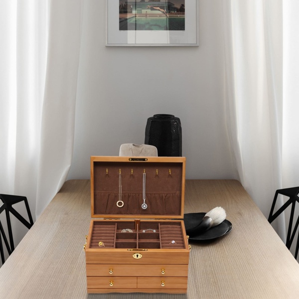 Grande boîte à bijoux en bois à 3 couches pour femme (collier, bague, boucles d'oreilles)