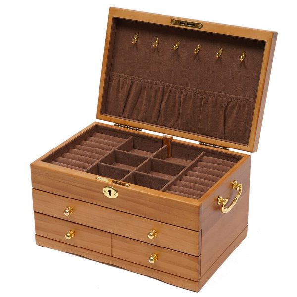 Grande boîte à bijoux en bois à 3 couches pour femme (collier, bague, boucles d'oreilles)