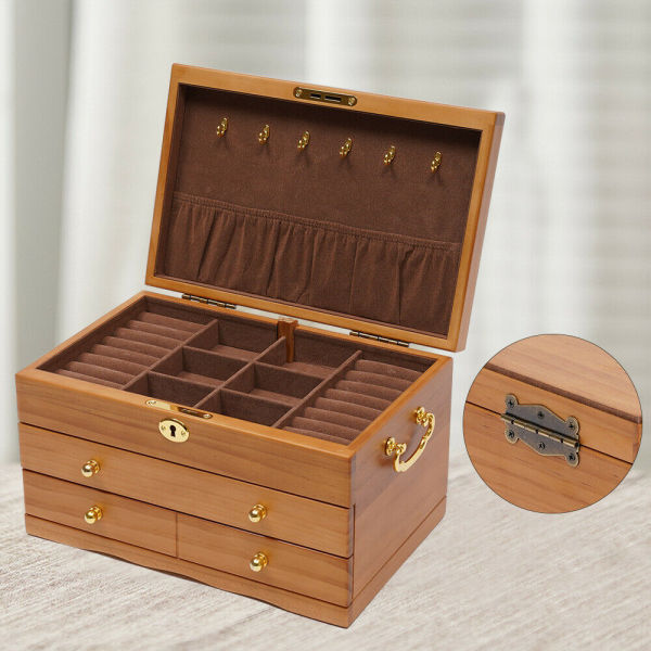 Grande boîte à bijoux en bois à 3 couches pour femme (collier, bague, boucles d'oreilles)