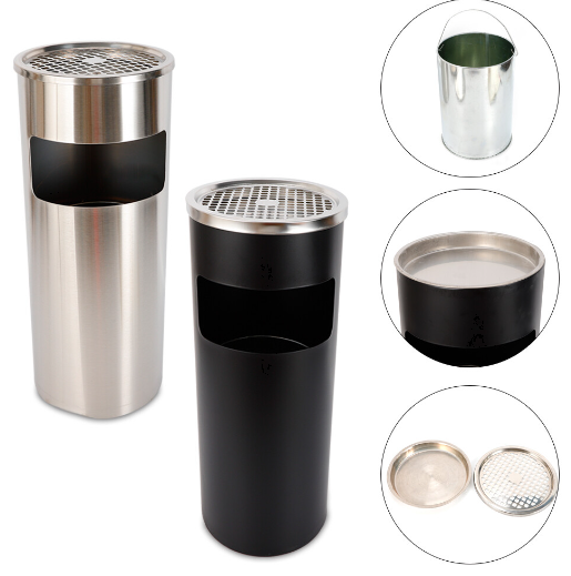 30L 62cm (Argent/Noir) Cendrier sur pied en acier inoxydable Cendrier sur pied avec poubelle, y compris le cendrier supérieur