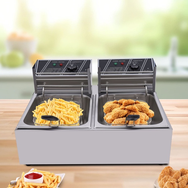 Friteuse électrique à double friteuse 12 l en acier inoxydable avec 2 paniers et couvercles pour frites, poulet, restaurant, maison