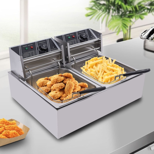 Friteuse électrique à double friteuse 12 l en acier inoxydable avec 2 paniers et couvercles pour frites, poulet, restaurant, maison Friteuse électrique à double friteuse 12 l en acier inoxydable avec 2 paniers et couvercles pour frites, poulet, restaurant, maison