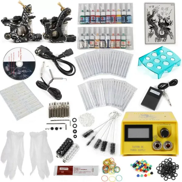 Kit complet de tatouage pour débutants - 2 machines à tatouer professionnelles - 20 encres de couleurs - 50 aiguilles