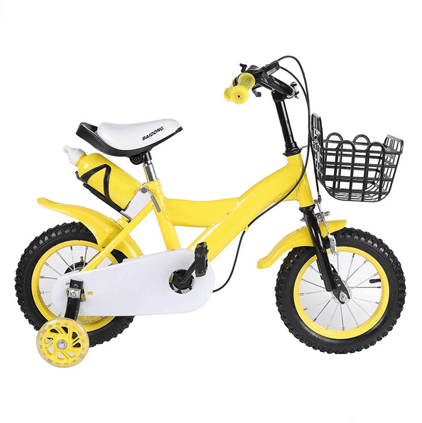 Vélo pour enfant jaune de 12 pouces avec roues d'appui panier vélo enfant vélo fille vélo garçon vélo antidérapant et résistant à l'usure