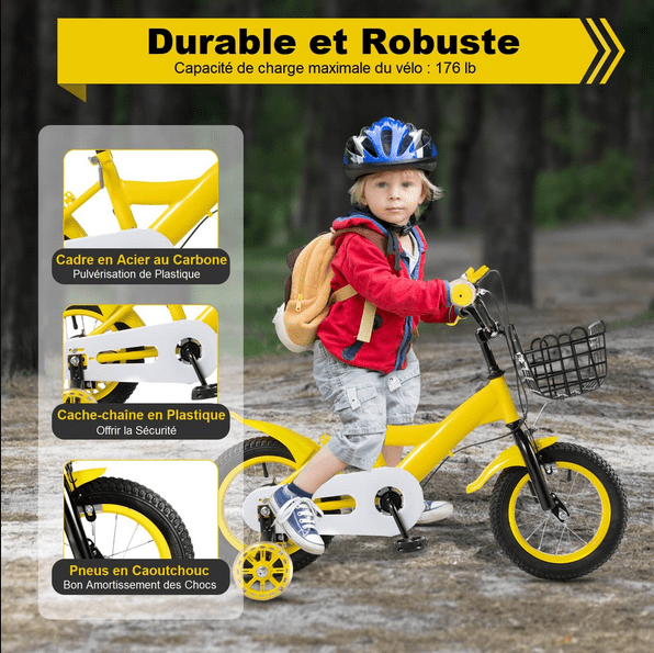 Vélo pour enfant jaune de 12 pouces avec roues d'appui panier vélo enfant vélo fille vélo garçon vélo antidérapant et résistant à l'usure