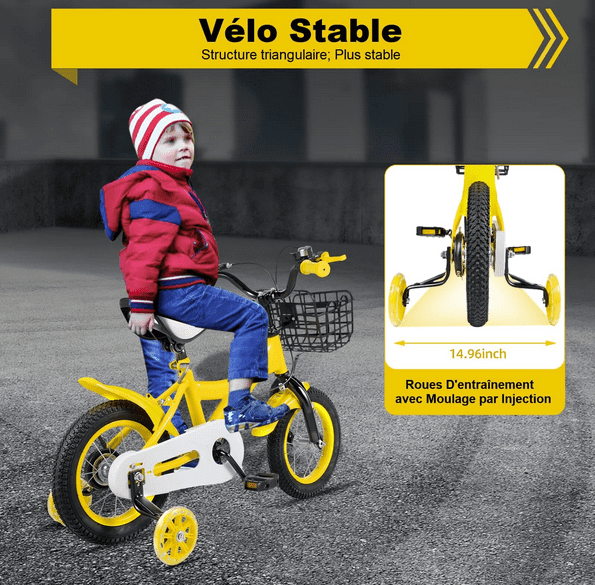 Vélo pour enfant jaune de 12 pouces avec roues d'appui panier vélo enfant vélo fille vélo garçon vélo antidérapant et résistant à l'usure Vélo pour enfant jaune de 12 pouces avec roues d'appui panier vélo enfant vélo fille vélo garçon vélo antidérapant et résistant à l'usure
