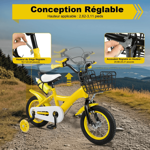 Vélo pour enfant jaune de 12 pouces avec roues d'appui panier vélo enfant vélo fille vélo garçon vélo antidérapant et résistant à l'usure Vélo pour enfant jaune de 12 pouces avec roues d'appui panier vélo enfant vélo fille vélo garçon vélo antidérapant et résistant à l'usure