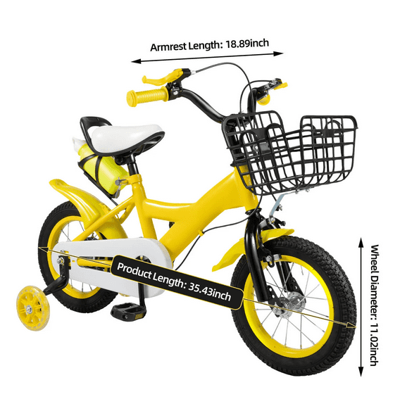 Vélo pour enfant jaune de 12 pouces avec roues d'appui panier vélo enfant vélo fille vélo garçon vélo antidérapant et résistant à l'usure Vélo pour enfant jaune de 12 pouces avec roues d'appui panier vélo enfant vélo fille vélo garçon vélo antidérapant et résistant à l'usure