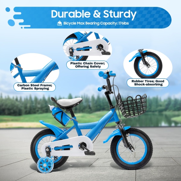 Vélo pour enfant 12 pouces en alliage d'acier au carbone avec frein et roues stabilisatrices pour enfant garçon et fille