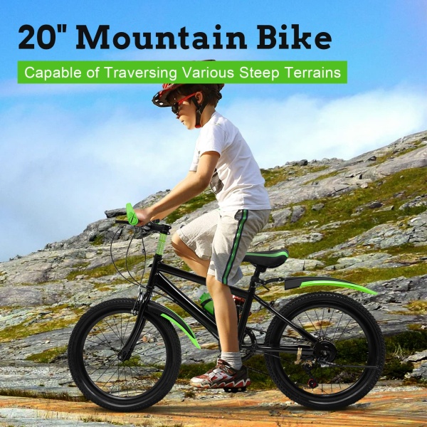 Vélo de montagne 20 pouces pour fille et garçon, système de frein à double disque, en acier au carbone (vert)
