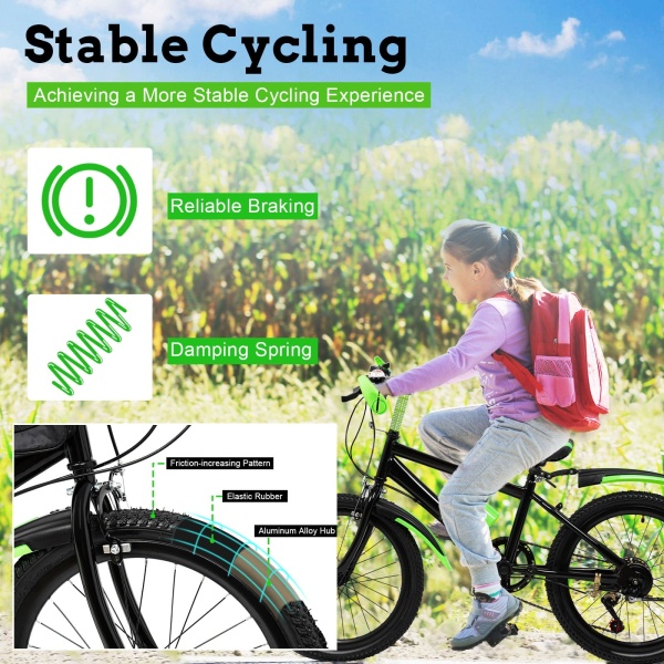 Vélo de montagne 20 pouces pour fille et garçon, système de frein à double disque, en acier au carbone (vert)