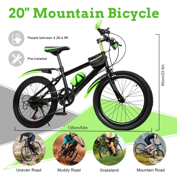 Vélo de montagne 20 pouces pour fille et garçon, système de frein à double disque, en acier au carbone (vert)