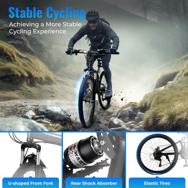 VTT 26 pouces - Vélo pliable en acier au carbone - 21 vitesses - Freins à disque - Pour adolescent - Pour adulte - Portable