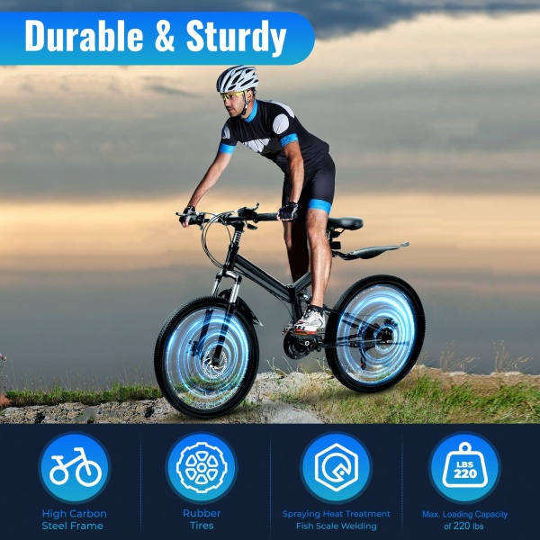 VTT 26 pouces - Vélo pliable en acier au carbone - 21 vitesses - Freins à disque - Pour adolescent - Pour adulte - Portable