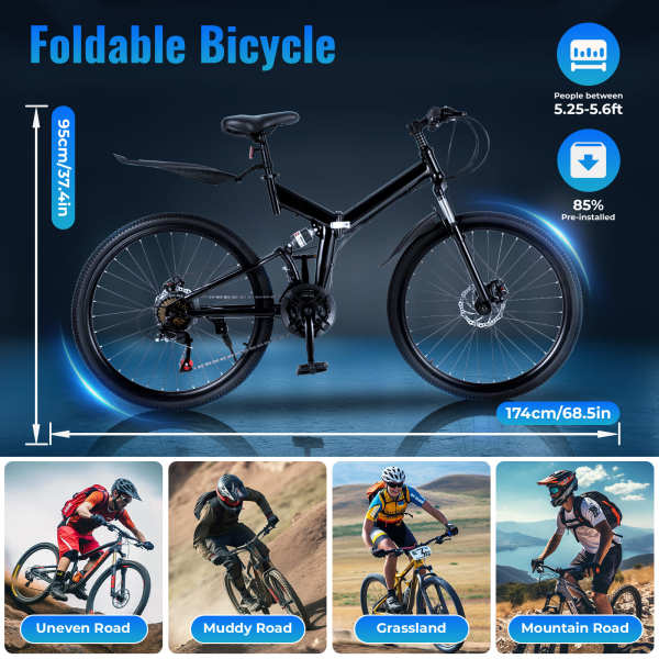 VTT 26 pouces - Vélo pliable en acier au carbone - 21 vitesses - Freins à disque - Pour adolescent - Pour adulte - Portable