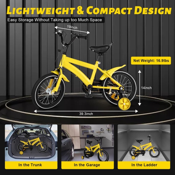 Vélo pour enfant 14 pouces - Jaune - Vélo de jeu cool et sûr - Vélo unisexe avec stabilisateurs amovibles - Cadeau pour enfant
