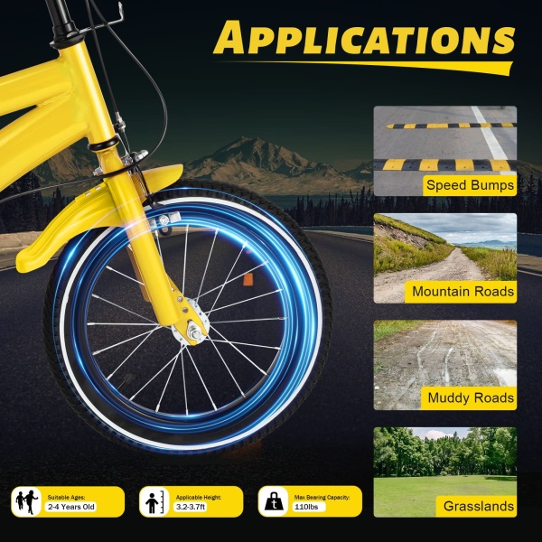 Vélo pour enfant 14 pouces - Jaune - Vélo de jeu cool et sûr - Vélo unisexe avec stabilisateurs amovibles - Cadeau pour enfant