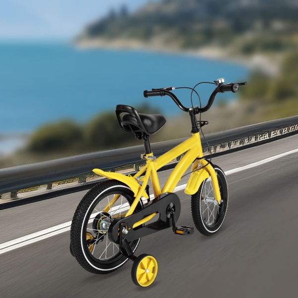 Vélo pour enfant 14 pouces - Jaune - Vélo de jeu cool et sûr - Vélo unisexe avec stabilisateurs amovibles - Cadeau pour enfant