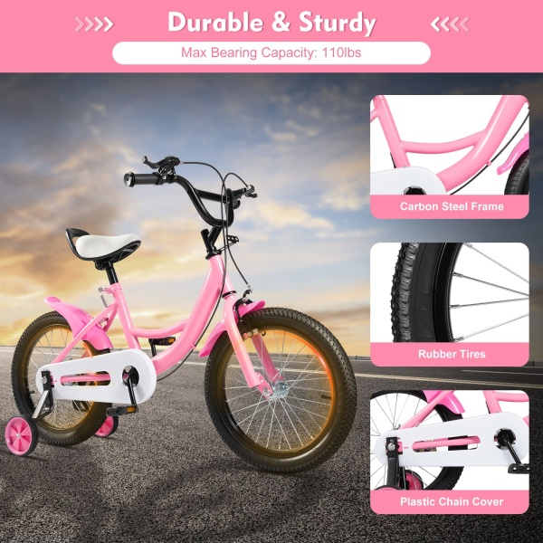 Vélo universel pour enfant de 16 pouces avec roues d'entraînement amovibles et siège réglable Rose Bick pour enfants de 5 à 8 ans