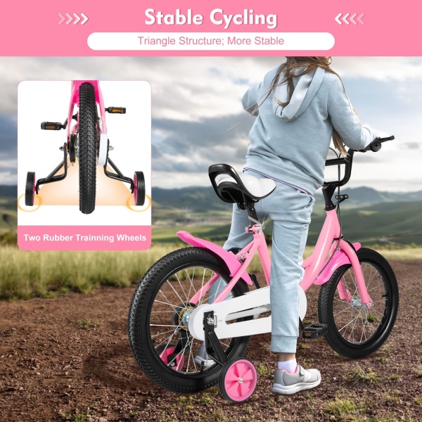 Vélo universel pour enfant de 16 pouces avec roues d'entraînement amovibles et siège réglable Rose Bick pour enfants de 5 à 8 ans