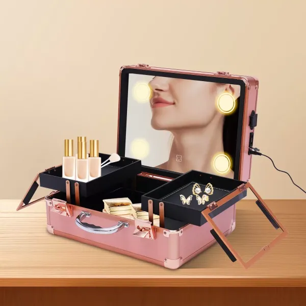 Makeup Train Case - Organisateur de cosmétiques Coffret de maquillage avec lumière et miroir/Coffret de maquillage avec séparations individuelles/grand set d'organisation pour maquilleur