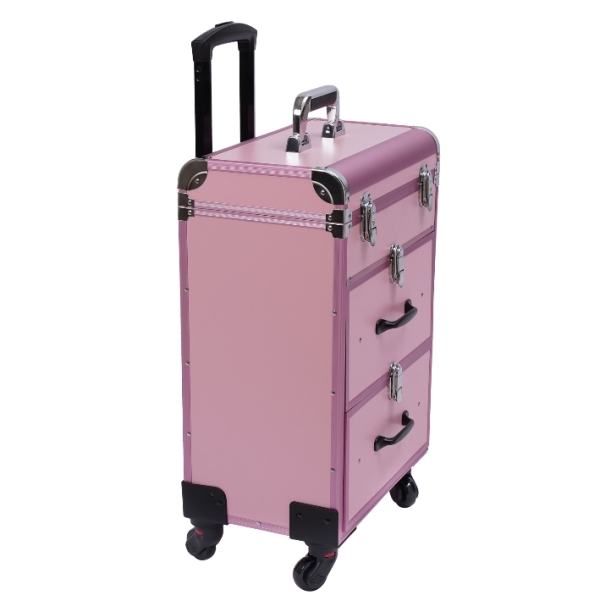 Trousse à maquillage avec chariot et 4 roulettes, 2 tiroirs, pliable, adaptée aux voyages, maquilleuse, rose