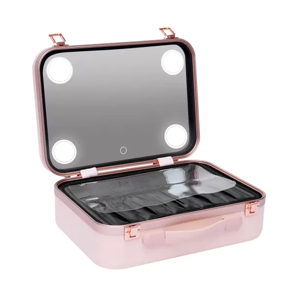Trousse de maquillage pour maquillage avec lumières et miroirs - Pour produits de soins de la peau - Rose et blanc, Rose, Simplicité