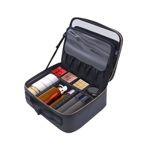 Mallette de maquillage portable avec miroir 26 x 23 x 11 cm - Noir  - Avec séparateur - Trousse de toilette - Pour le rangement de voyage