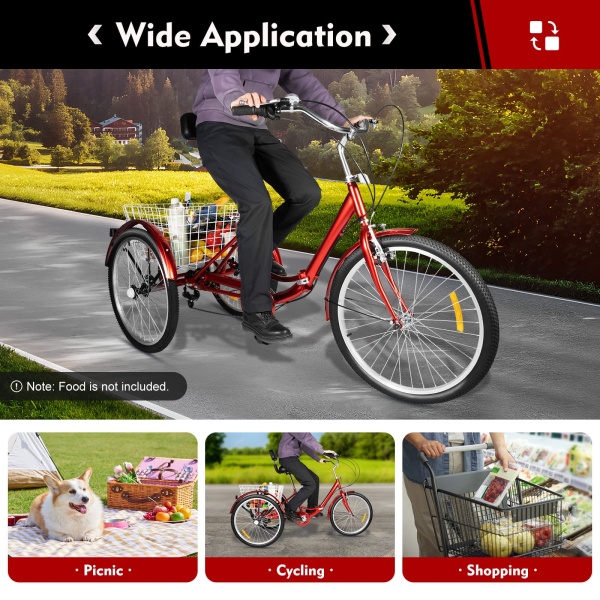 Vélo pliant 24 pouces tricycle adulte 3 roues vélo avec panier et dossier 7 vitesses Tricycle pour adultes seniors（rouge）
