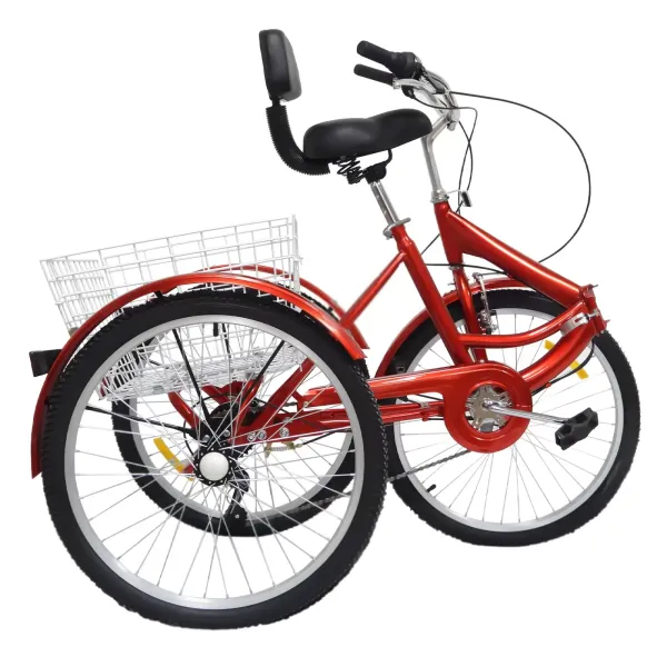 Vélo pliant 24 pouces tricycle adulte 3 roues vélo avec panier et dossier 7 vitesses Tricycle pour adultes seniors（rouge）