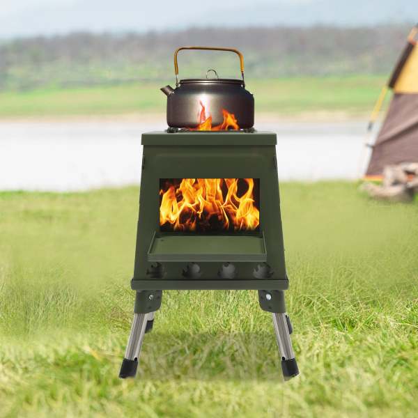 Poêle de tente, 22 x 22 x 36 cm, poêle à bois portable, chauffage de tente, camping, bois, tente, poêle d'extérieur (vert)
